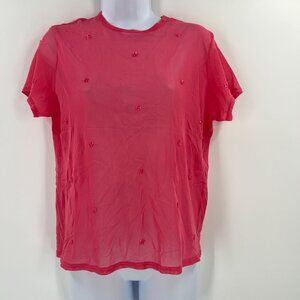 VTG Y2K NY&CO XL Beaded Mesh Top Sheer Pink‎ Sequin Short Sleeve Rave Club